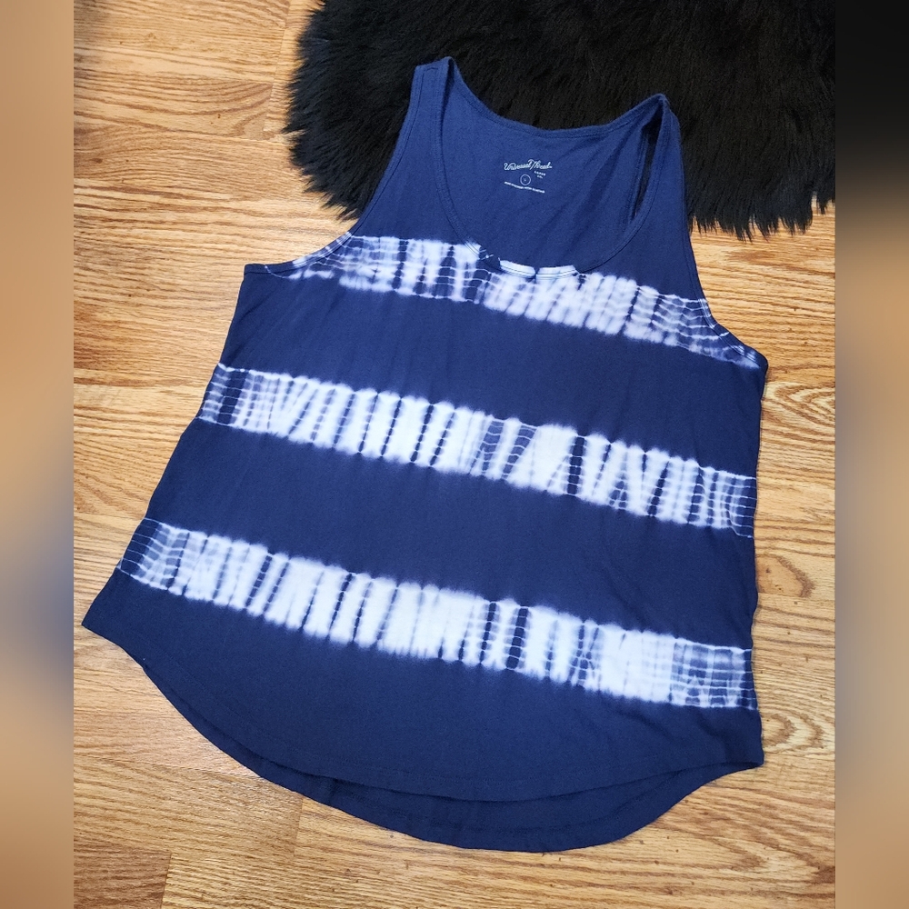 Blue and White Tie Dye Stripes Tank Top Women's Size L